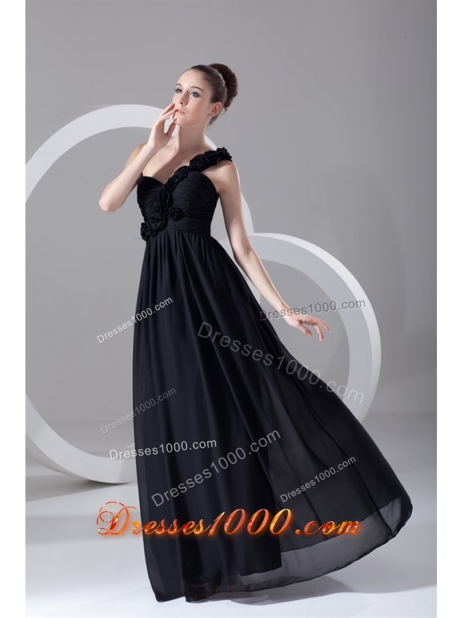Simple Black Empire One Shoulder Prom Dress With Flowers