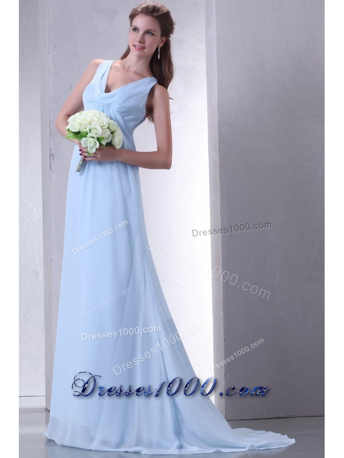 Discount Empire V-neck Light Blue Prom Dress with Ruching
