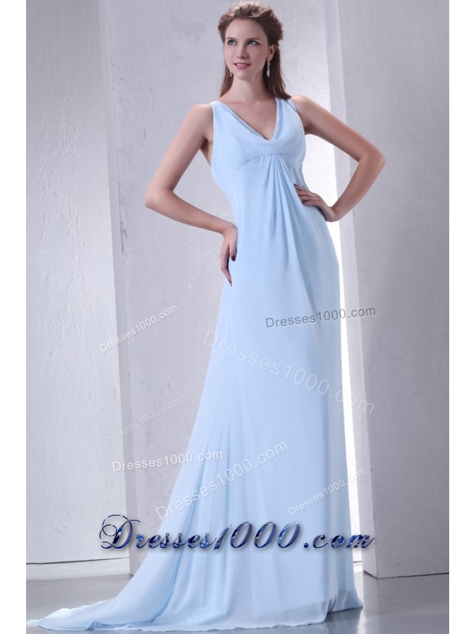 Discount Empire V-neck Light Blue Prom Dress with Ruching