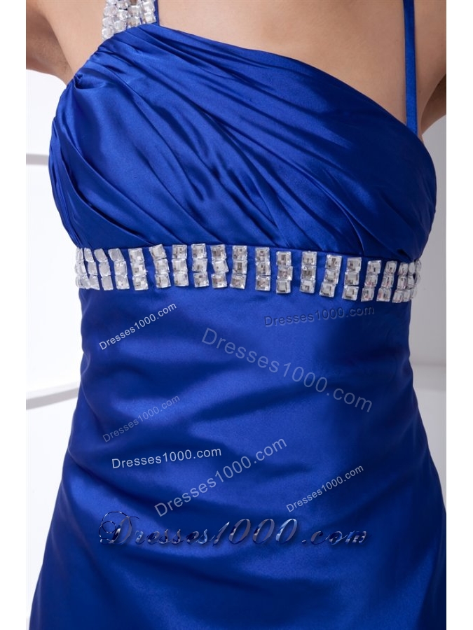 Perfect Backless Blue Column Prom Gown with Brush Train and Beading