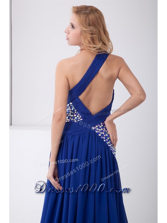 Perfect Backless Blue Column Prom Gown with Brush Train and Beading