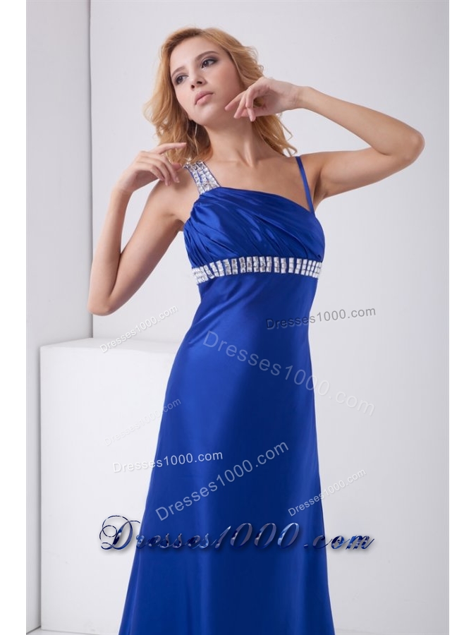 Perfect Backless Blue Column Prom Gown with Brush Train and Beading
