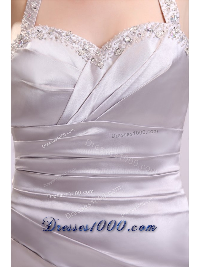 Column Gray Ruching Beading Halter Top Floor-length Prom Dress