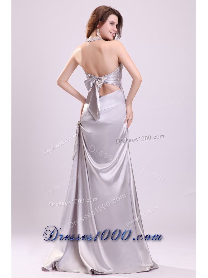 Column Gray Ruching Beading Halter Top Floor-length Prom Dress