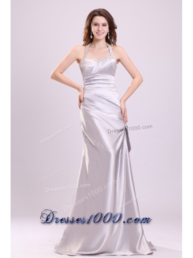 Column Gray Ruching Beading Halter Top Floor-length Prom Dress