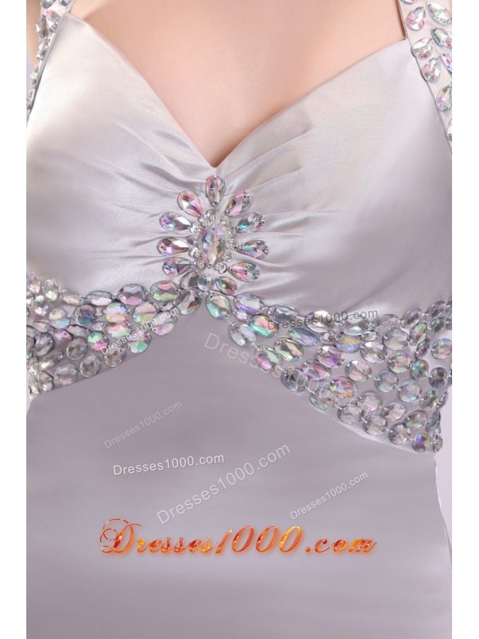 Noble Silver Straps Beading and Ruching High Slit Prom Dress