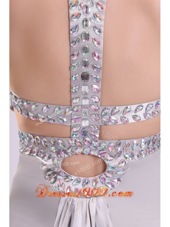 Noble Silver Straps Beading and Ruching High Slit Prom Dress