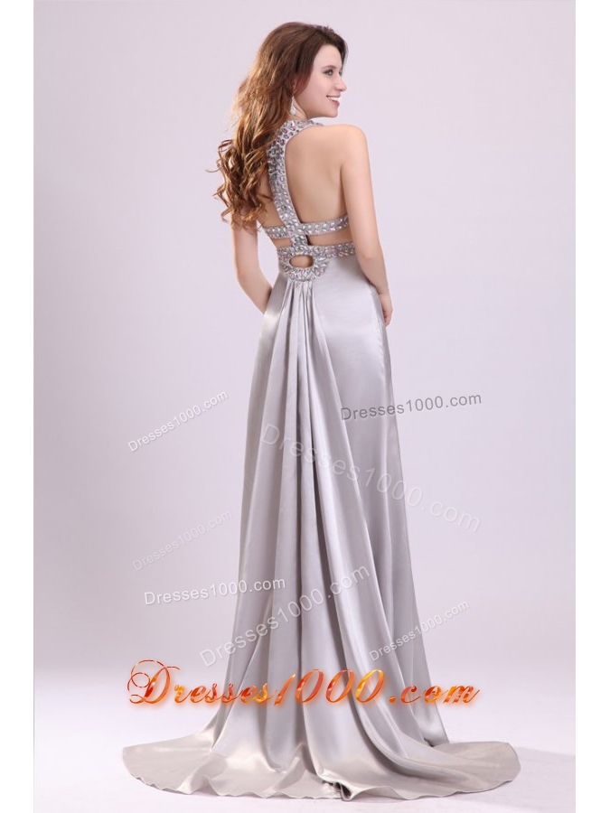 Noble Silver Straps Beading and Ruching High Slit Prom Dress