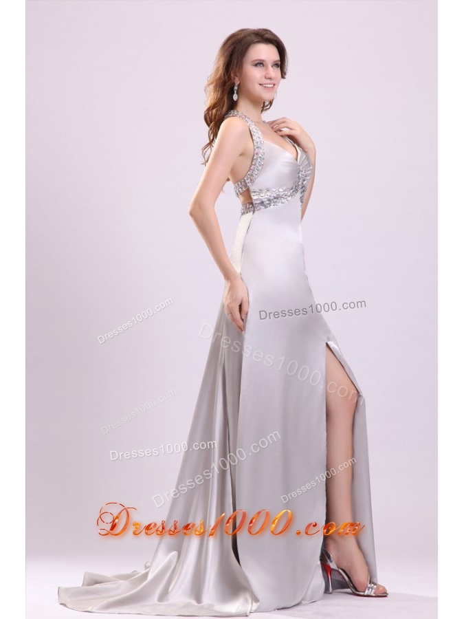 Noble Silver Straps Beading and Ruching High Slit Prom Dress