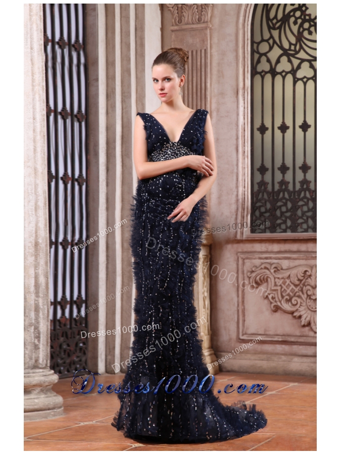 Column V-neck Navy Blue Brush Train Prom Dress with Sequins