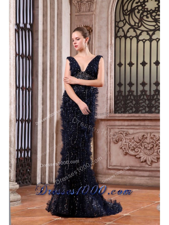 Column V-neck Navy Blue Brush Train Prom Dress with Sequins