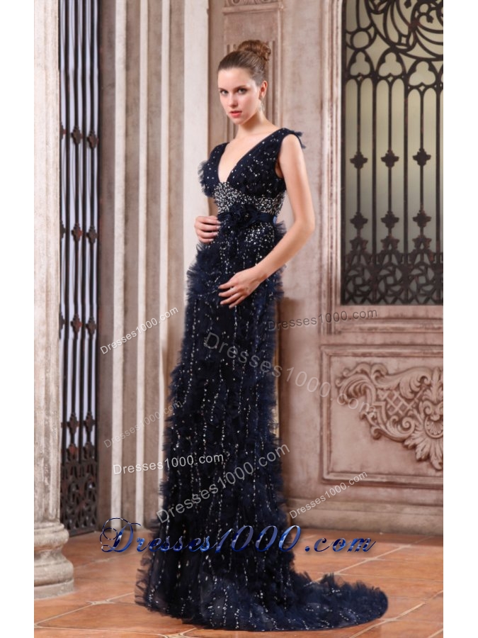 Column V-neck Navy Blue Brush Train Prom Dress with Sequins