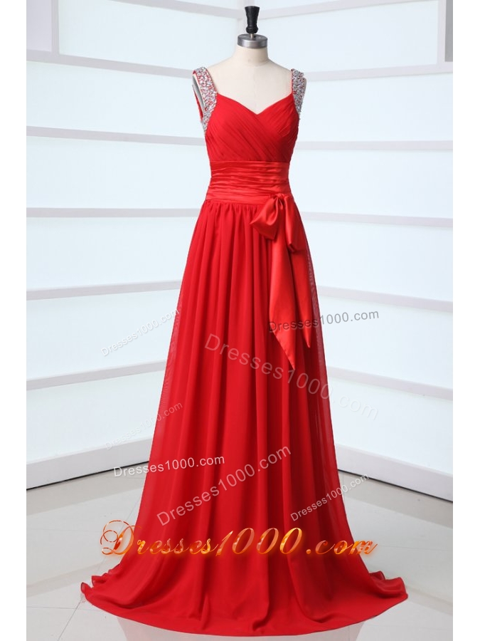 Elegant Column V-neck Red Chiffon Prom Dress with Beading