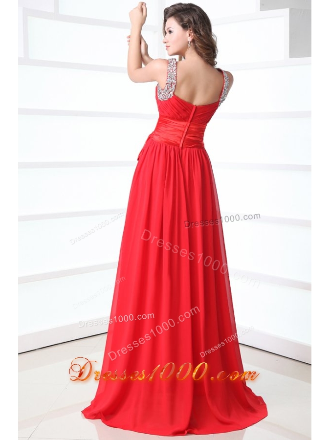 Elegant Column V-neck Red Chiffon Prom Dress with Beading
