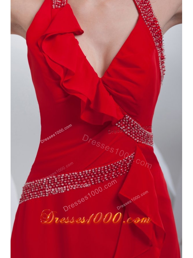 Wonderful Red Empire Chiffon Prom Dress with Brush Train