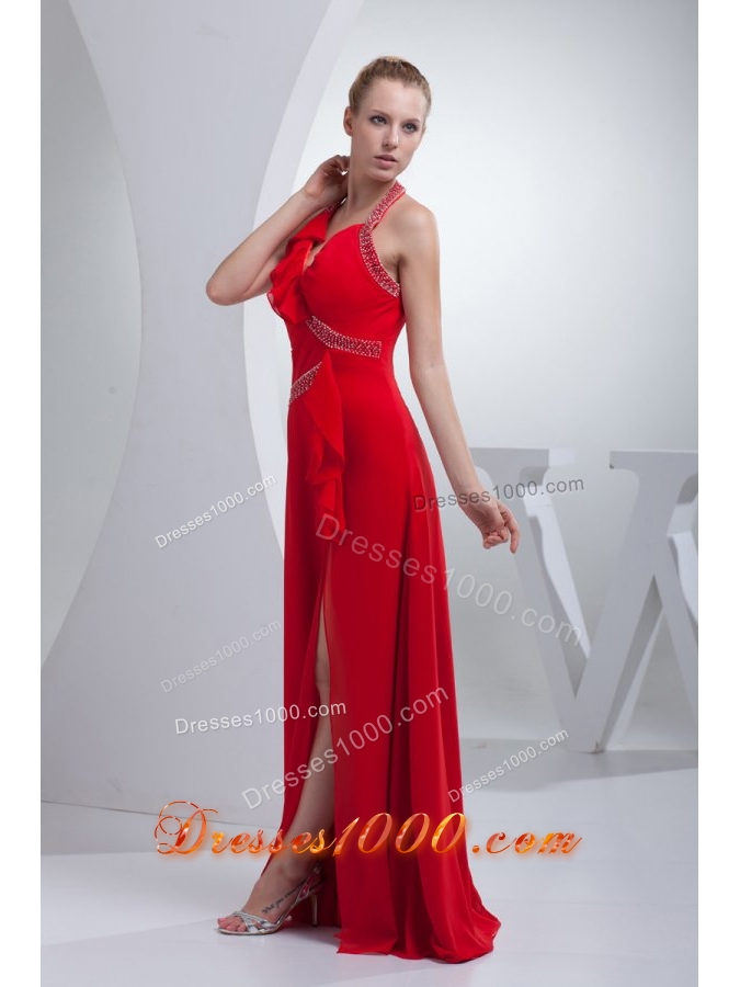 Wonderful Red Empire Chiffon Prom Dress with Brush Train