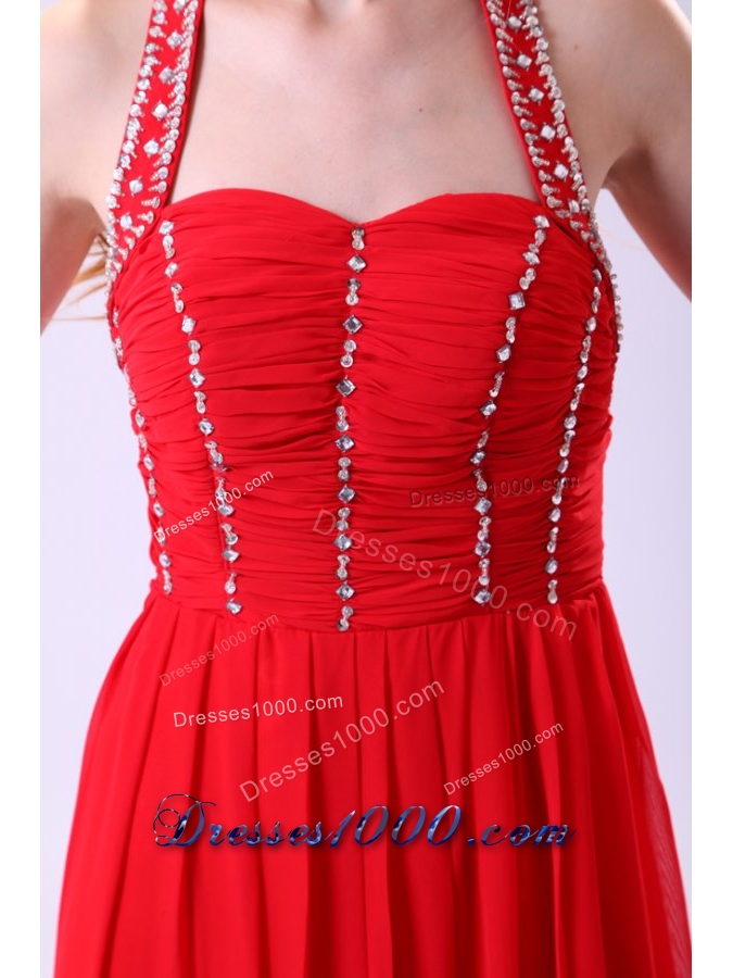 Red Empire Halter Beading Floor-length Chiffon Prom Evening Dress