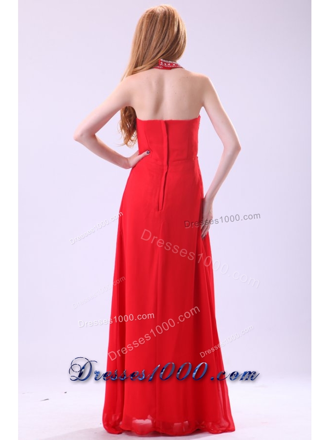Red Empire Halter Beading Floor-length Chiffon Prom Evening Dress