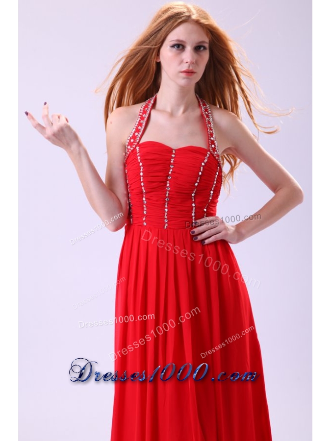 Red Empire Halter Beading Floor-length Chiffon Prom Evening Dress