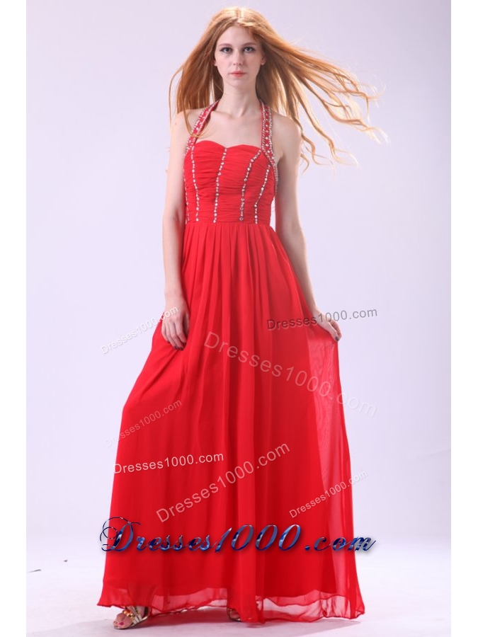 Red Empire Halter Beading Floor-length Chiffon Prom Evening Dress