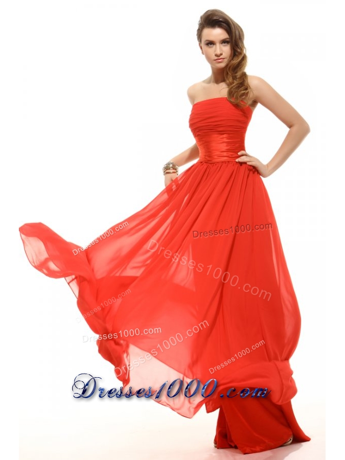Wonderful Empire Orange Red Strapless Ruching Prom Gown Dress