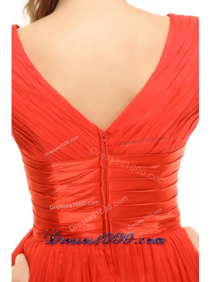 Popular Orange Red Empire V-neck Ruching Chiffon Prom Dress