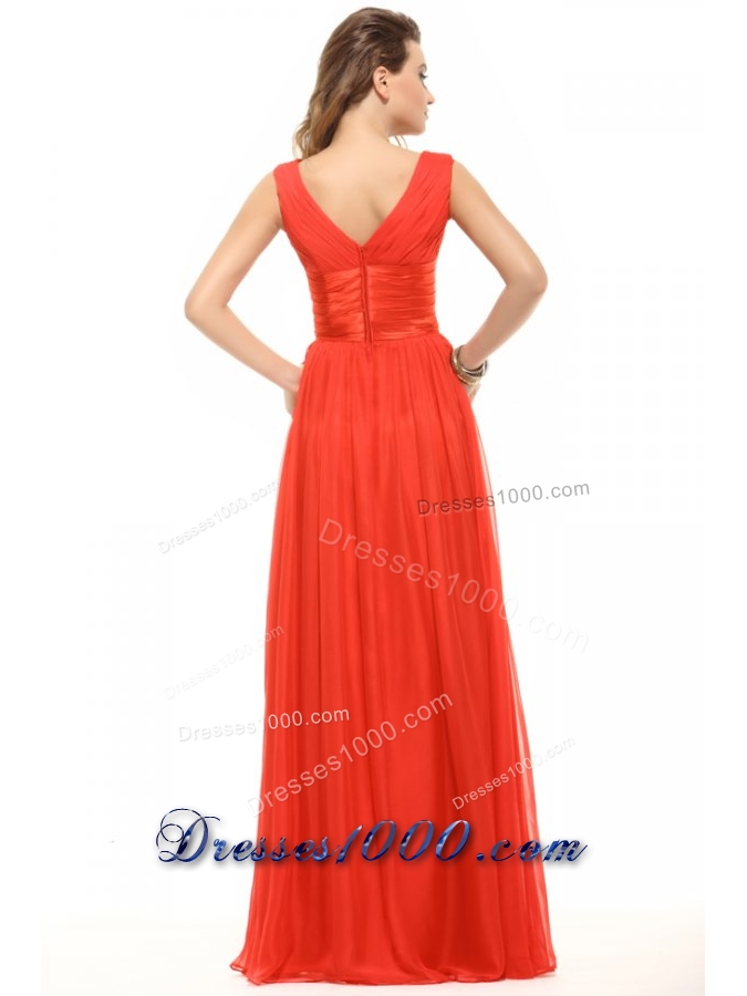 Popular Orange Red Empire V-neck Ruching Chiffon Prom Dress