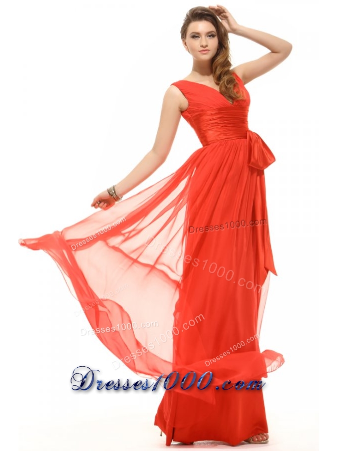 Popular Orange Red Empire V-neck Ruching Chiffon Prom Dress