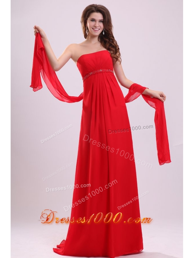 Eye Catching Red Strapless Beading and Ruching Chiffon Prom Dress