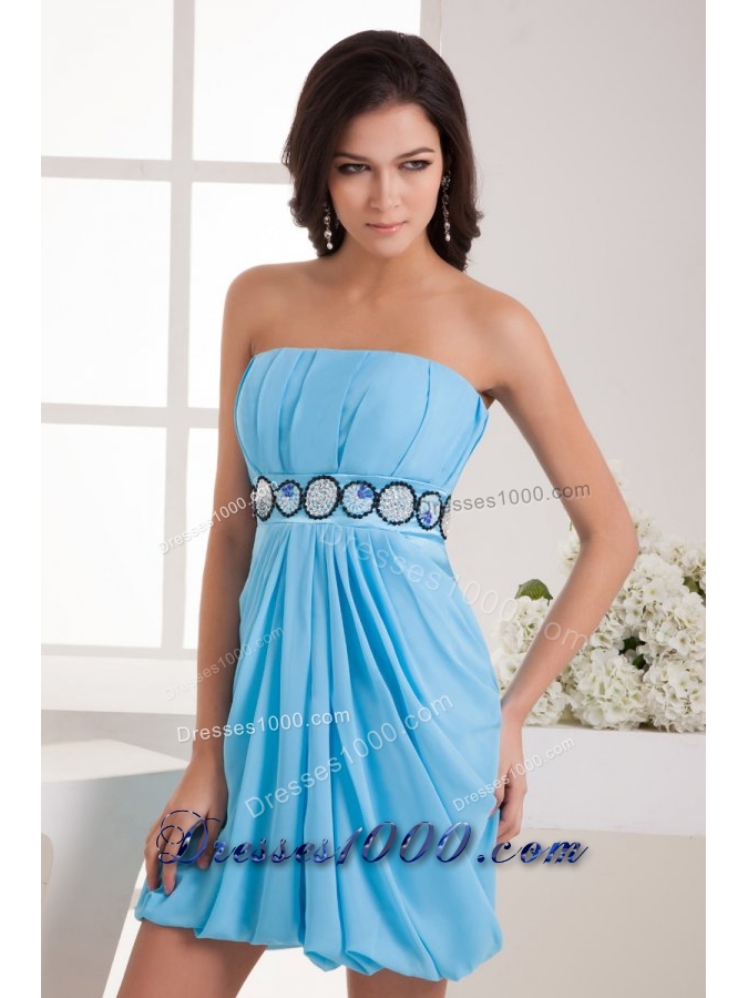 Cute Blue Chiffon Empire Strapless Mini-length Prom Dress