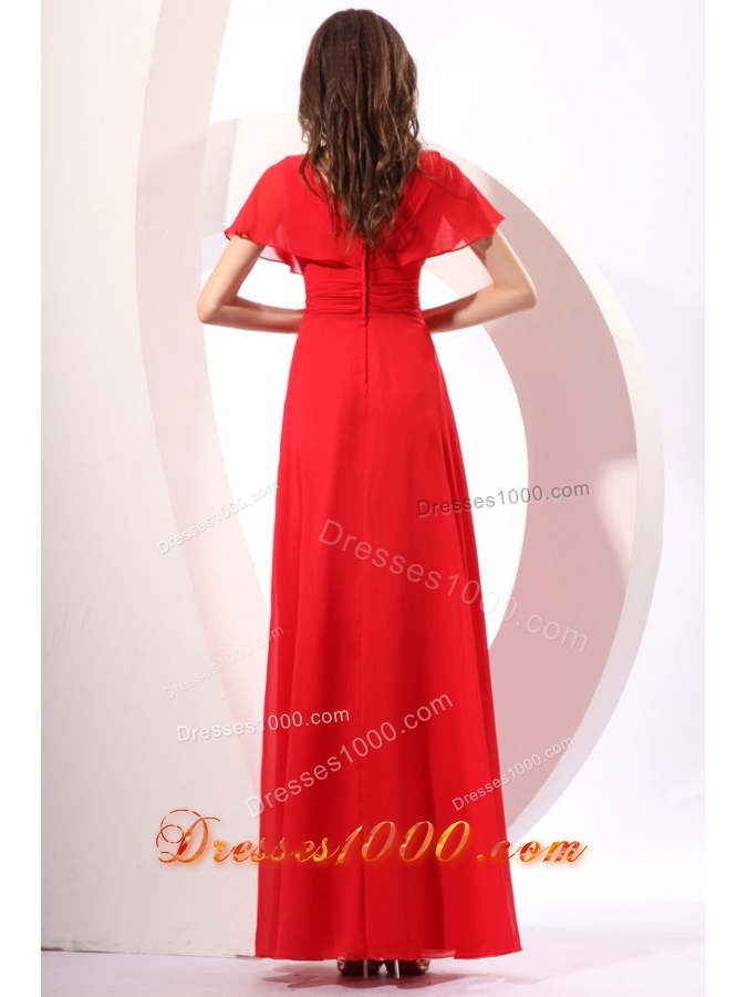 Red Empire V-neck Chiffon Prom Gown Dress with Short Sleeves