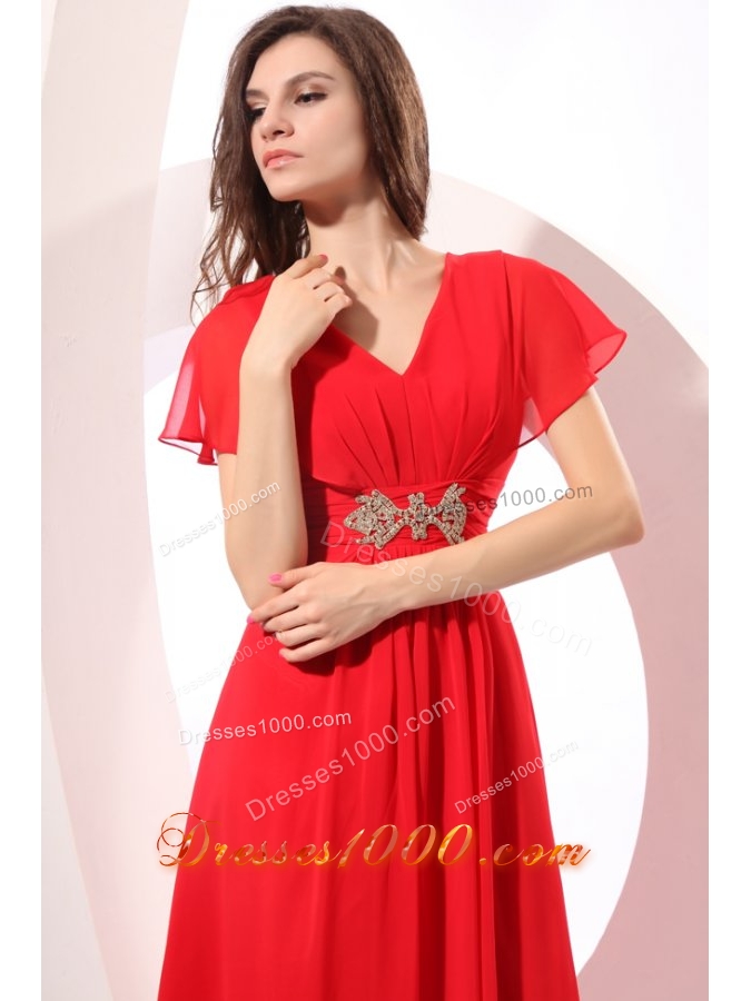 Red Empire V-neck Chiffon Prom Gown Dress with Short Sleeves