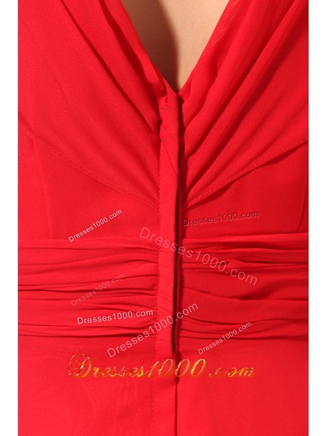 Red Empire V-neck Chiffon Prom Gown Dress with Short Sleeves