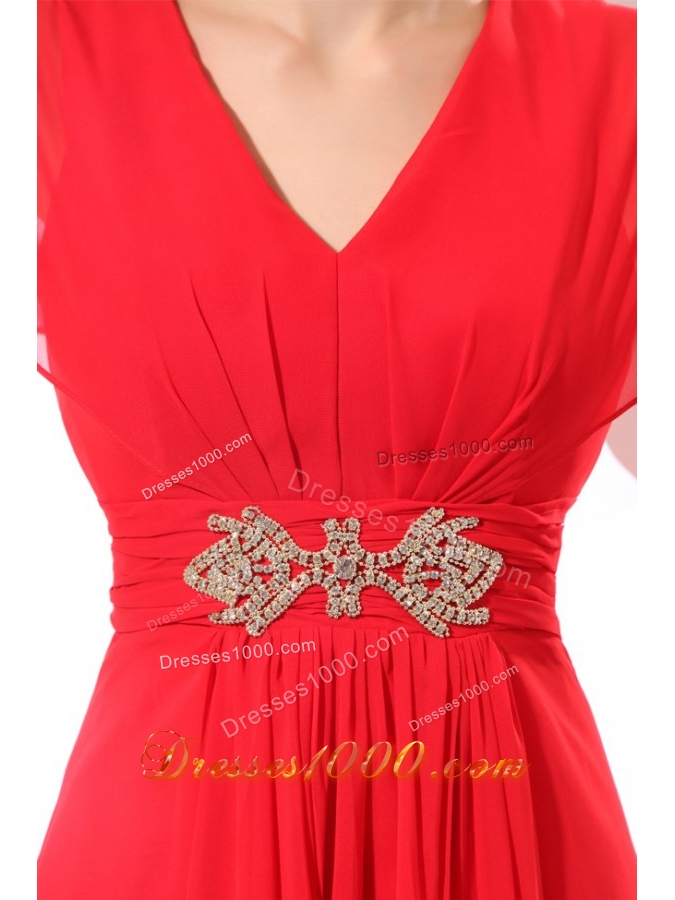 Red Empire V-neck Chiffon Prom Gown Dress with Short Sleeves