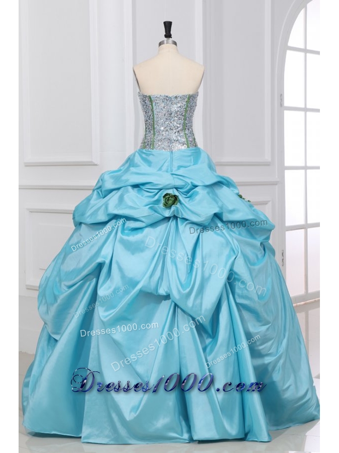 Light Blue Strapless Sequins with Hand Made Flowers Quinceanera Dress