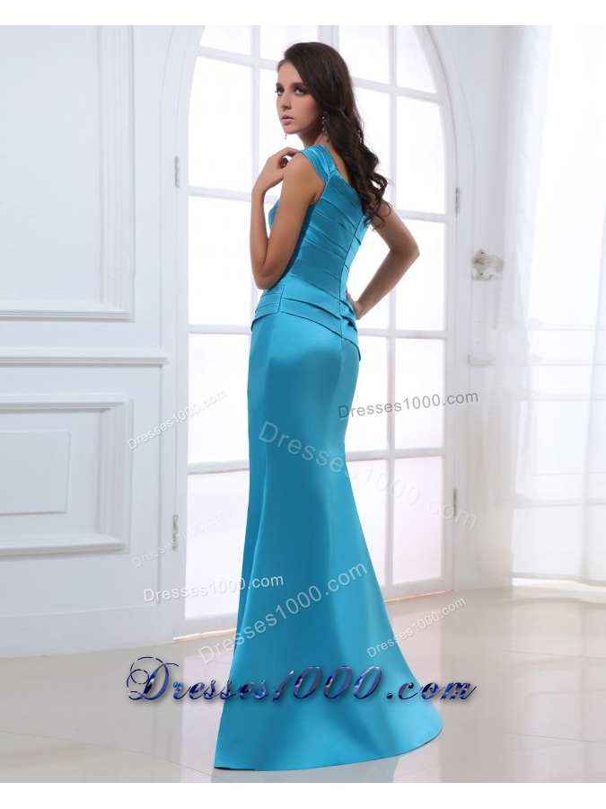 Blue Mermaid One Shoulder Ruching Beading Floor-length Prom Dress