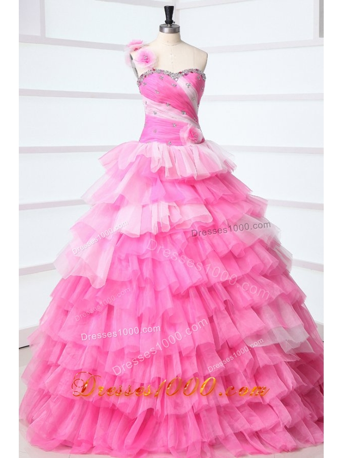 Sweet Pink One Shoulder Beading and Ruffles Layered Quinceanera Dress