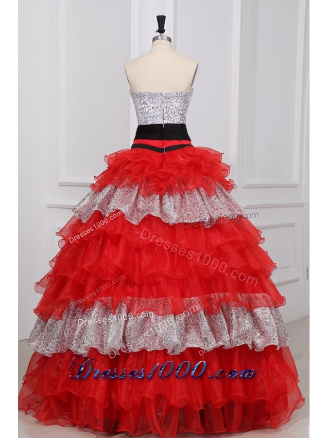 Red and White Strapless Beaded Decorate Organza Quinceanera Dress
