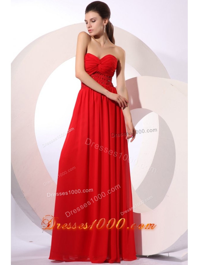 Red Empire Sweetheart Floor-length Beading Chiffon Prom Dress