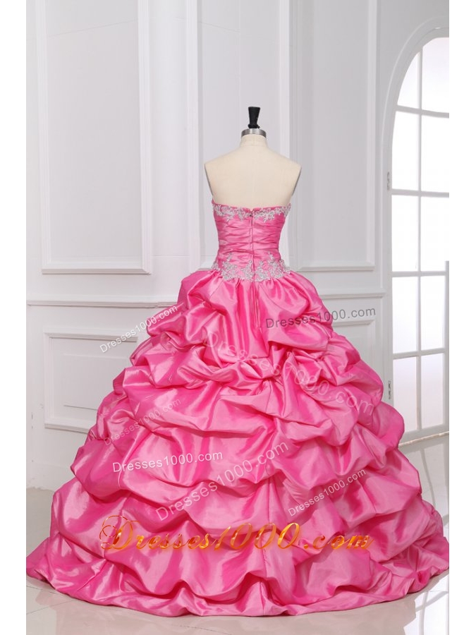 Sweet Rose Pink Strapless Appliques and Pick-ups Quinceanera Dress