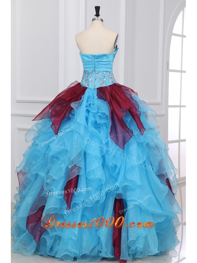 Aqua and Wine Red Strapless Beading and Ruche Quinceanera Dress