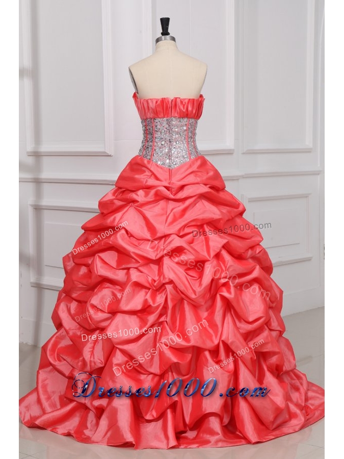 Strapless Watermelon Quinceanera Dress with Sequins and Pick-ups