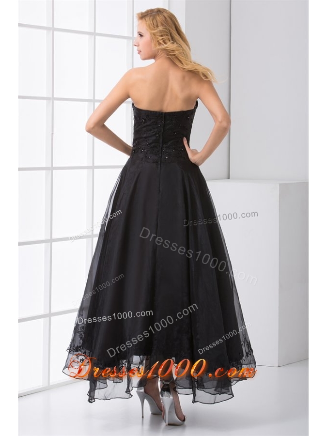 Black Strapless Ankle-length Prom Dresses with Embroidery