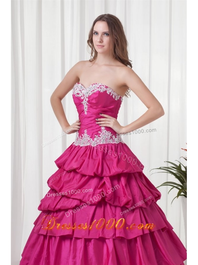 Sweetheart Fuchsia Taffeta Tiered Floor-length Quinceanera Gowns