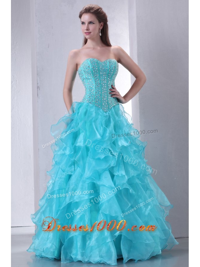 Brand New Turquoise Sweetheart Beaded and Ruffled Quinceanera Gowns