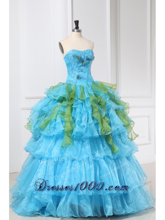 Sweet 15 Dress in Aqua Blue and Green with Appliques in Organza