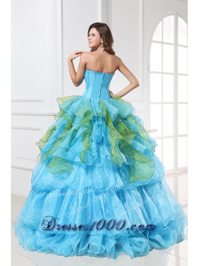 Sweet 15 Dress in Aqua Blue and Green with Appliques in Organza