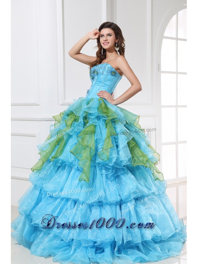 Sweet 15 Dress in Aqua Blue and Green with Appliques in Organza