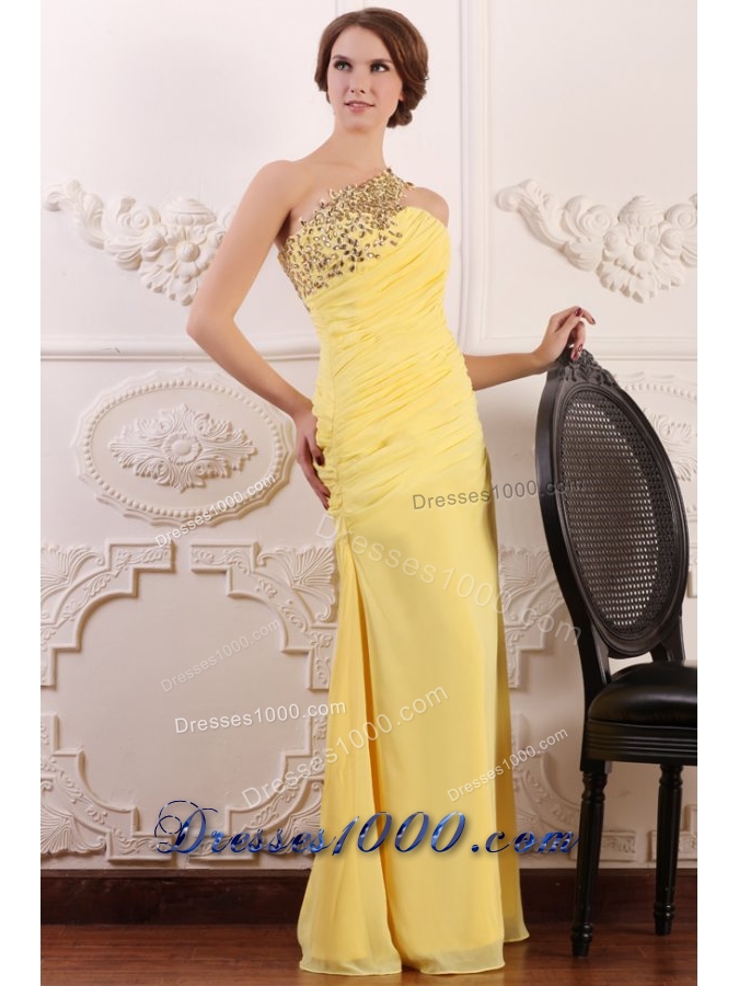 Paillettes One Shoulder Sheath Ruching Chiffon Prom Gown Dress