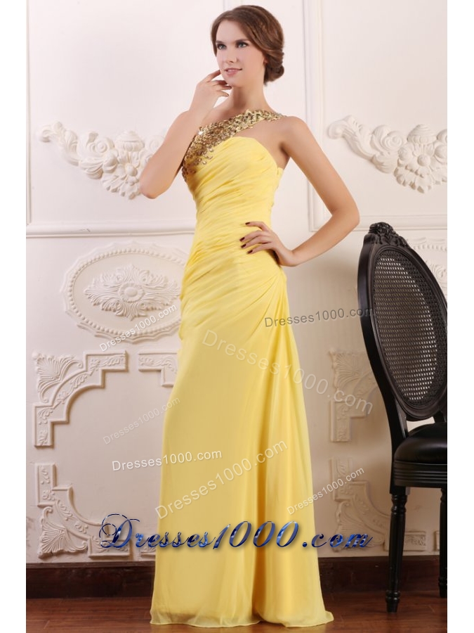 Paillettes One Shoulder Sheath Ruching Chiffon Prom Gown Dress